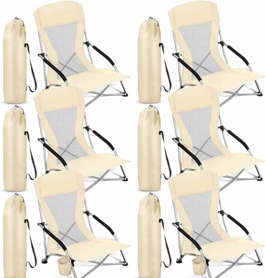 FillTouch 6-Pack Low Beach Chairs for Adults - Portable Folding Camping Chairs with Cup Holder, Carry Bag, Lightweight Lawn Chairs for Outdoor, Travel, Concert (Beige)