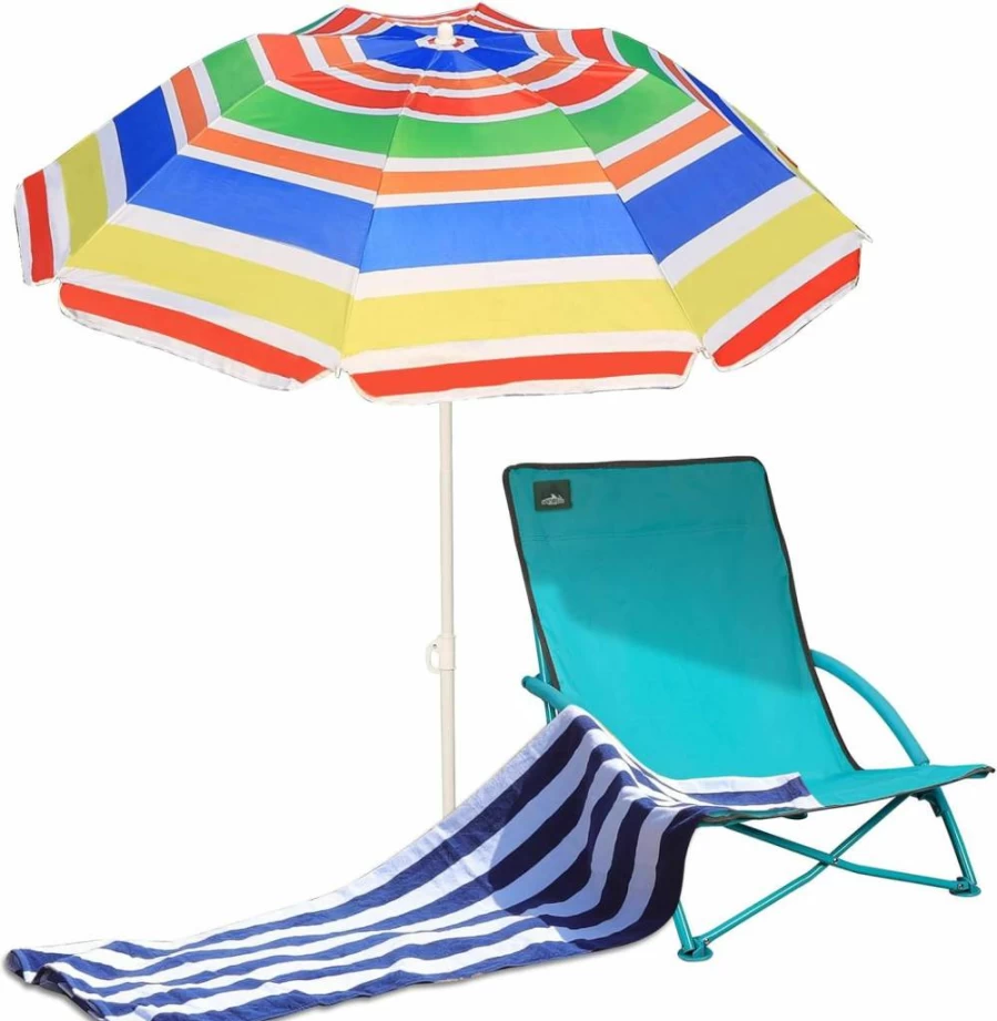 Northroad Folding Beach Chair Set with UV Umbrella, Low Profile Camping Chair & Sand-Resistant Beach Towel for Outdoor, Pool & Travel - Lightweight & Portable, Orange