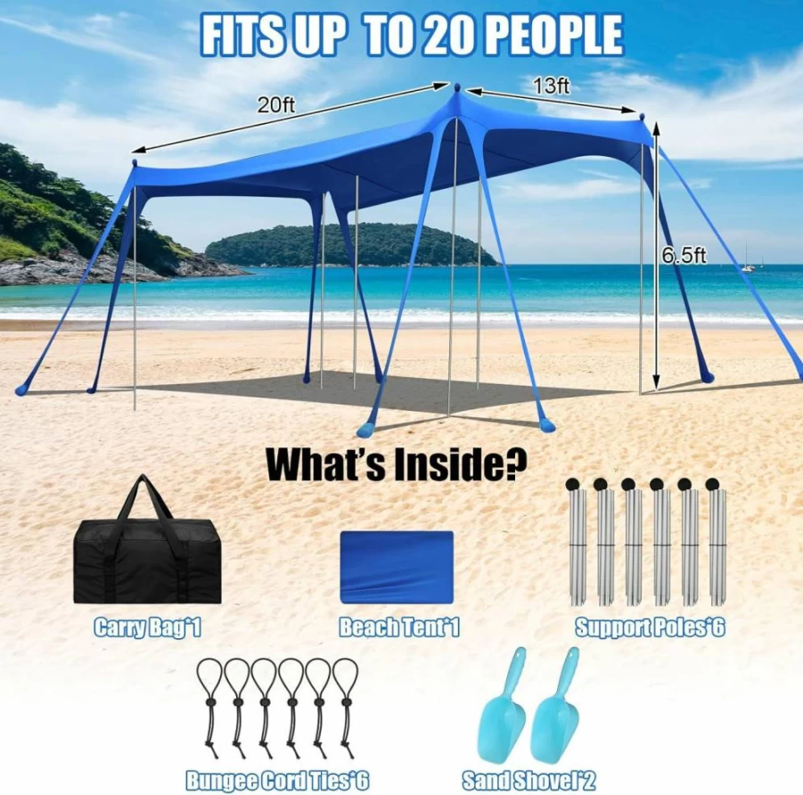 Wovnet UPF 50+ Beach Tent Sun Shelter - Portable Pop Up Canopy with Aluminum Poles, Sandbags & Shovel for Camping, Picnic, Fishing Outdoor Activities