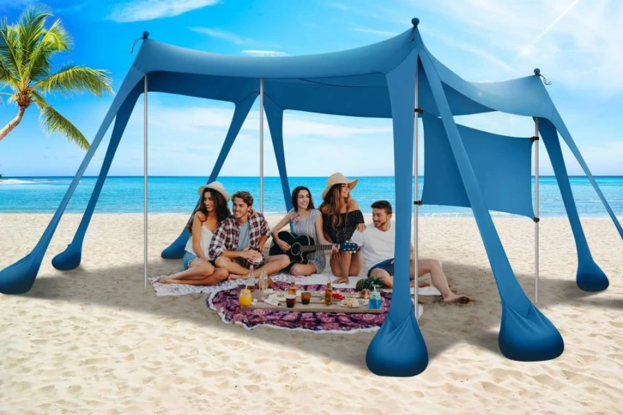 Esnendir 10x10FT Sky Blue Beach Canopy with UPF 80+ Sun Protection, 8 Sandbags, 4 Stability Poles & Sand Shovel for Outdoor Camping, Picnics, Beach Shelter