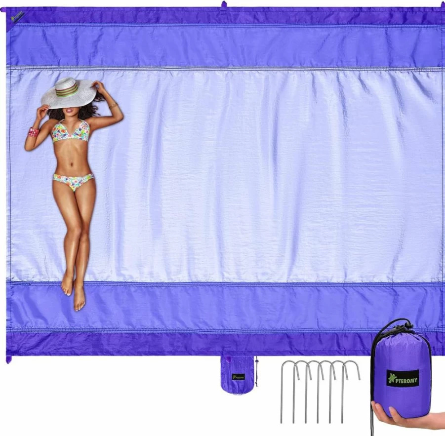 PTEROMY Waterproof Sandproof Beach Blanket - Extra Large 7x7 Ft Picnic Mat with Storage Bag, 6 Stakes, Lightweight & Quick Drying for Travel, Outdoor Activities (Blue)