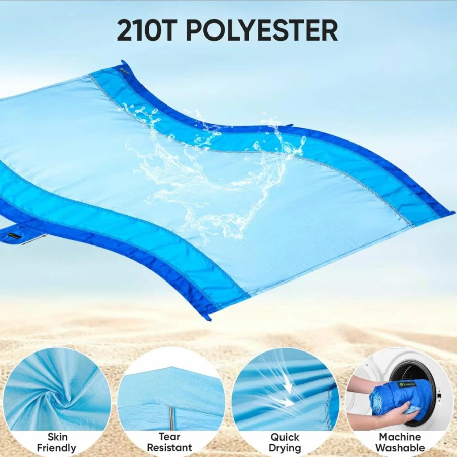 PTEROMY Waterproof Sandproof Beach Blanket - Extra Large 7x7 Ft Picnic Mat with Storage Bag, 6 Stakes, Lightweight & Quick Drying for Travel, Outdoor Activities (Blue)
