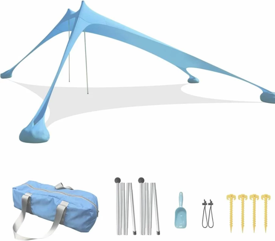 RRNAR Portable Beach Tent with Sand Anchor & Sunshade - 2.1M x 2.1M Lightweight Canopy for Camping, Reinforced Corners, Includes Sand Shovel & Carrying Bag