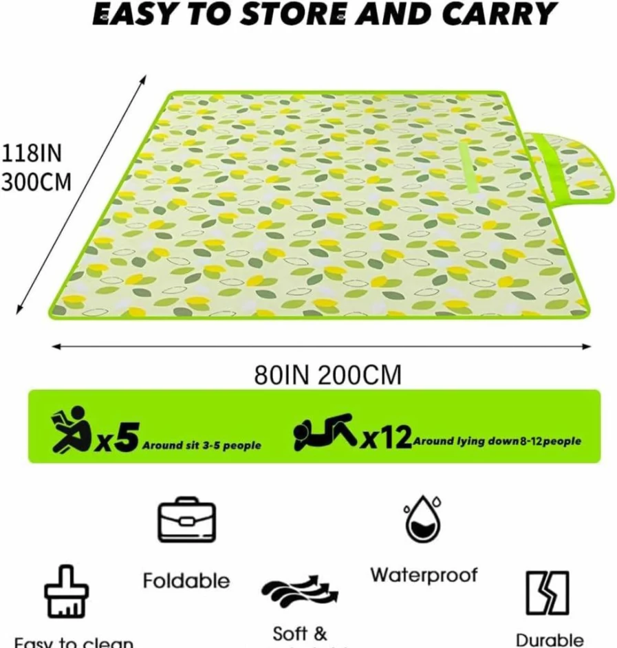 SHENIAFC 80" x 120" Sandproof Waterproof Picnic Blanket - Portable Beach Mat for Outdoor Camping, Hiking, Park, Non-Stick Sand & Grass, Foldable with Carry Tote Bag, Indoor Outdoor Use (Green)