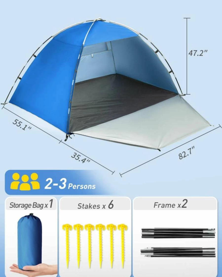 Forceatt Beach Tent for 2-4 People, UPF50+ Sun Shelter with Large Mesh Windows, Portable Sun Shade for Camping, Fishing & Outdoor Activities, Easy Setup Pop-Up Tent