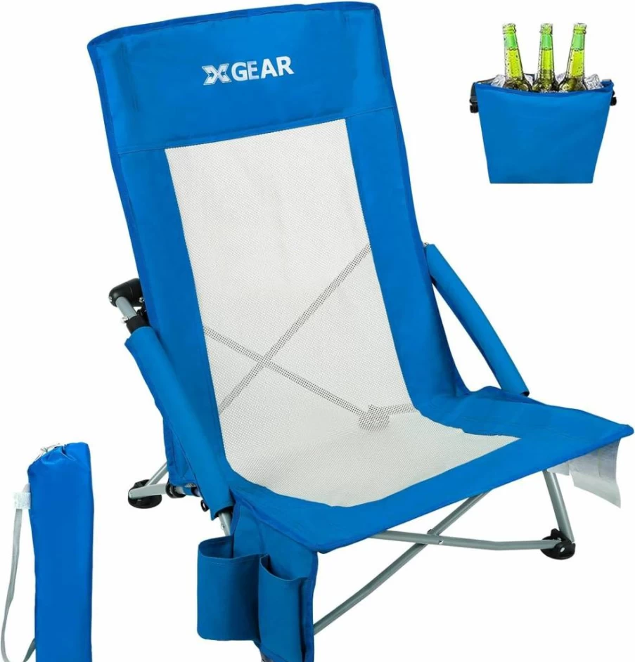 XGEAR 2-Pack Premium Beach Chairs for Adults with Cooler Bag, High Back Support, Side Pockets, Cup Holders & Carry Bag - Durable Outdoor Camping Chairs for Sand, Green