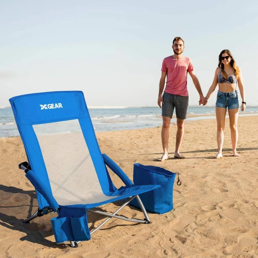 XGEAR 2-Pack Premium Beach Chairs for Adults with Cooler Bag, High Back Support, Side Pockets, Cup Holders & Carry Bag - Durable Outdoor Camping Chairs for Sand, Green