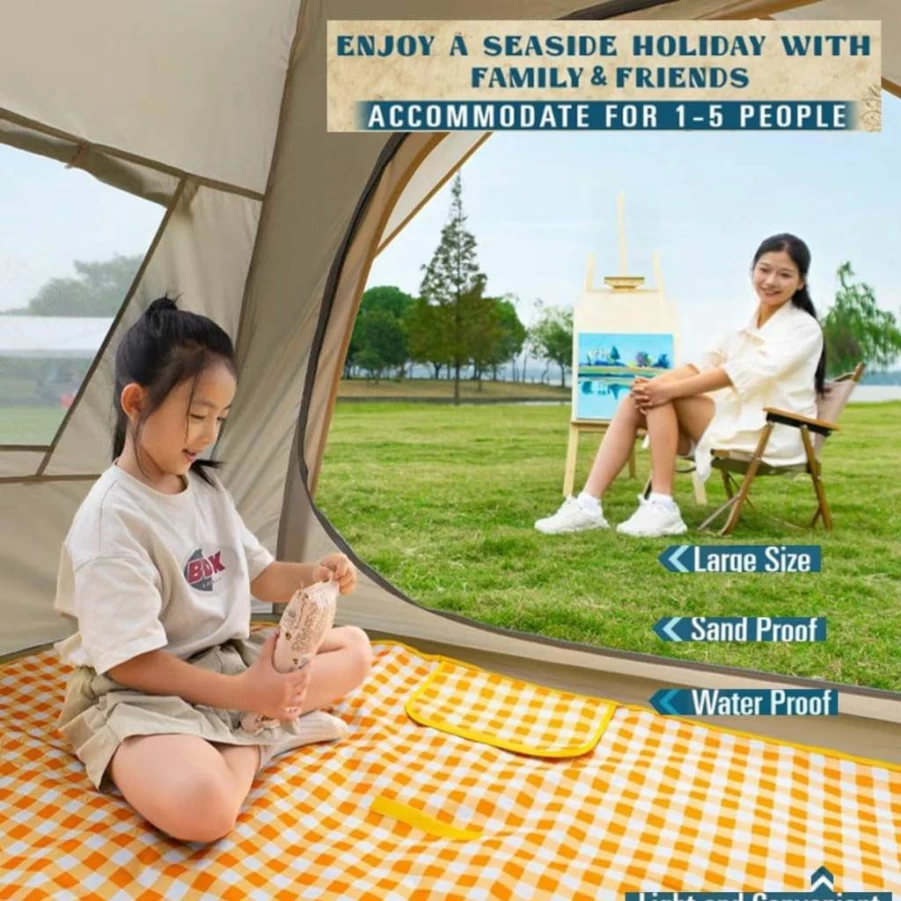 RUIBOLU Waterproof Sandproof Beach Blanket - 80x60 Inch Large Picnic Mat for Adults, Quick Drying Outdoor Blanket for Camping, Travel, Park, Festival (Dark Blue Plaid)