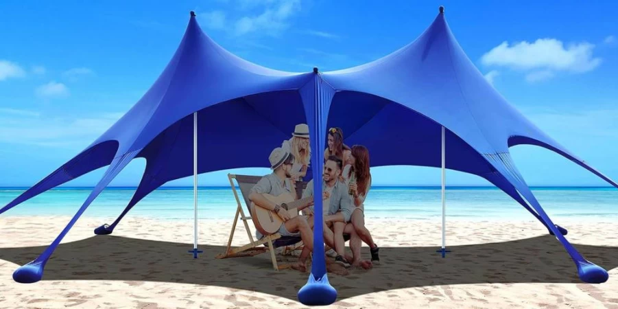 Osoeri 20x13FT UPF50+ Beach Tent with Sandbags, Shovels & Stability Poles - Portable Sun Shelter for Camping, Fishing, Picnics & Backyard - Blue