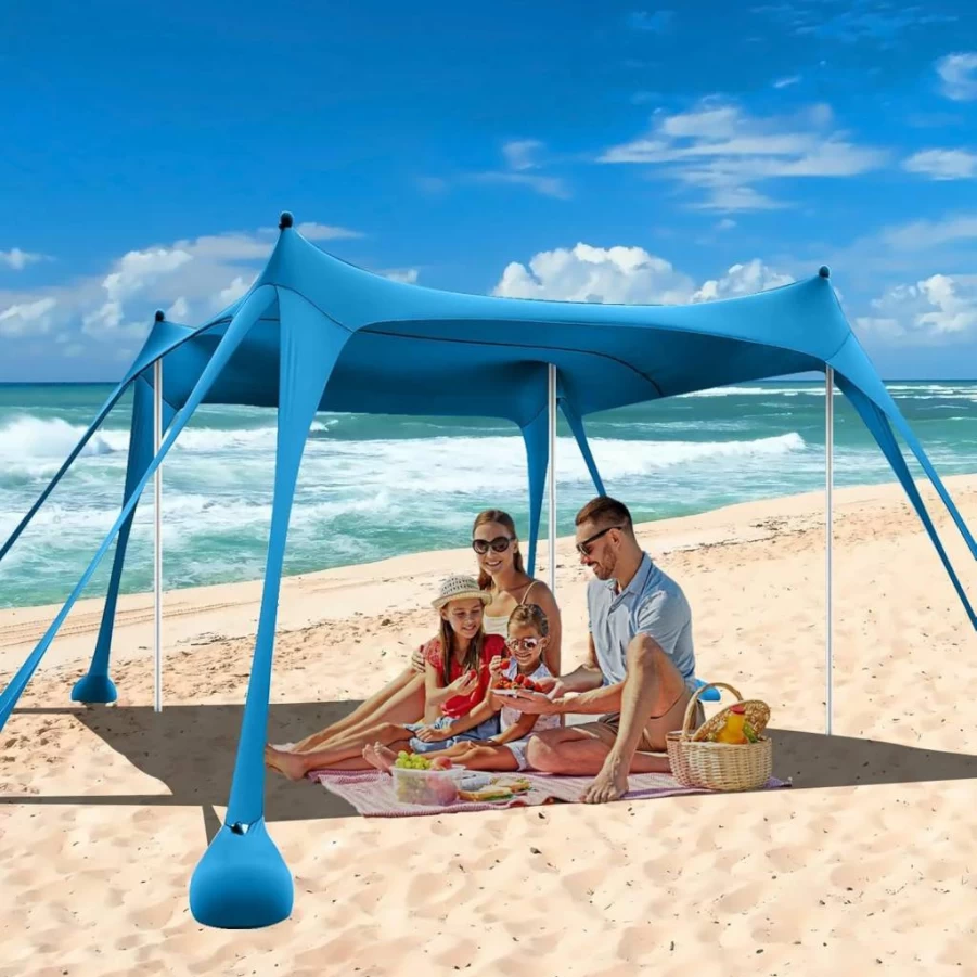 LAKEEN 10x10FT Beach Tent with UPF 50+ Sun Shelter, 8 Sandbags, 4 Aluminum Poles, 2 Sand Shovels & Carry Bag for Camping, Fishing, Picnics, Backyard