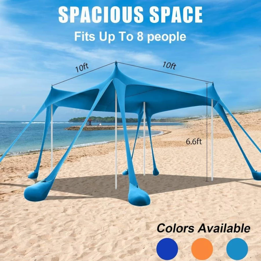 LAKEEN 10x10FT Beach Tent with UPF 50+ Sun Shelter, 8 Sandbags, 4 Aluminum Poles, 2 Sand Shovels & Carry Bag for Camping, Fishing, Picnics, Backyard