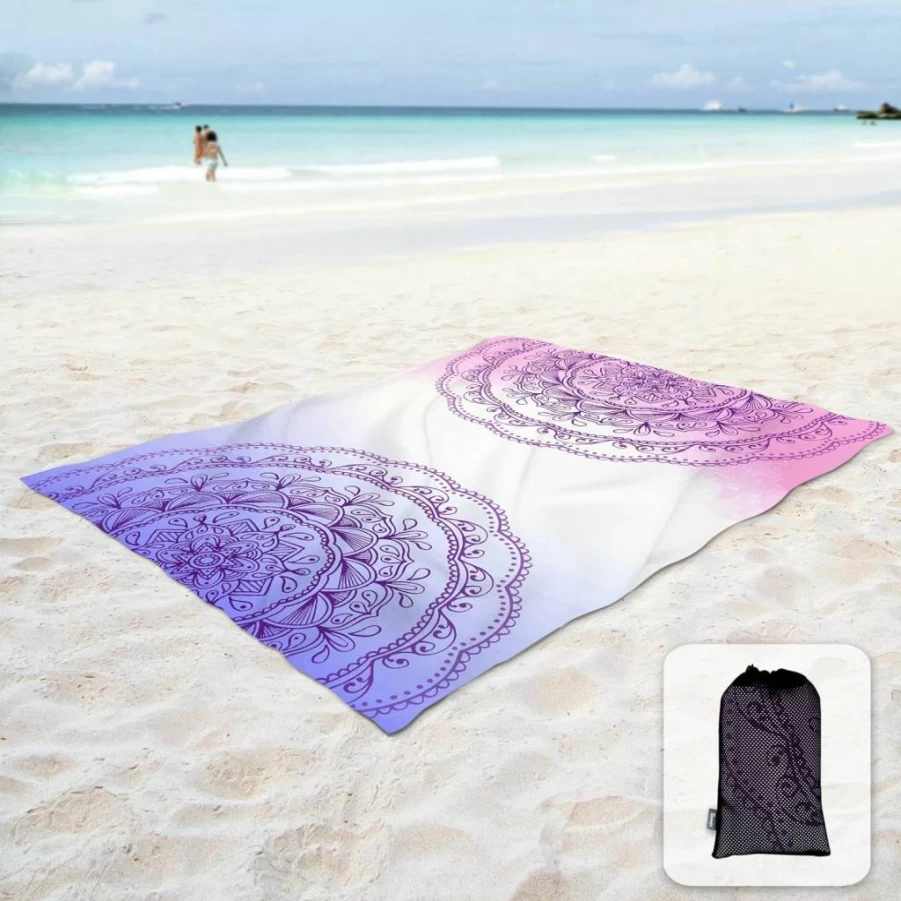 Sunlit Mandala Sand Proof Beach Blanket - 106"X81" Large Portable Mat with Corner Pockets & Carry Bag for Travel, Camping, Festival, Outdoor Activities