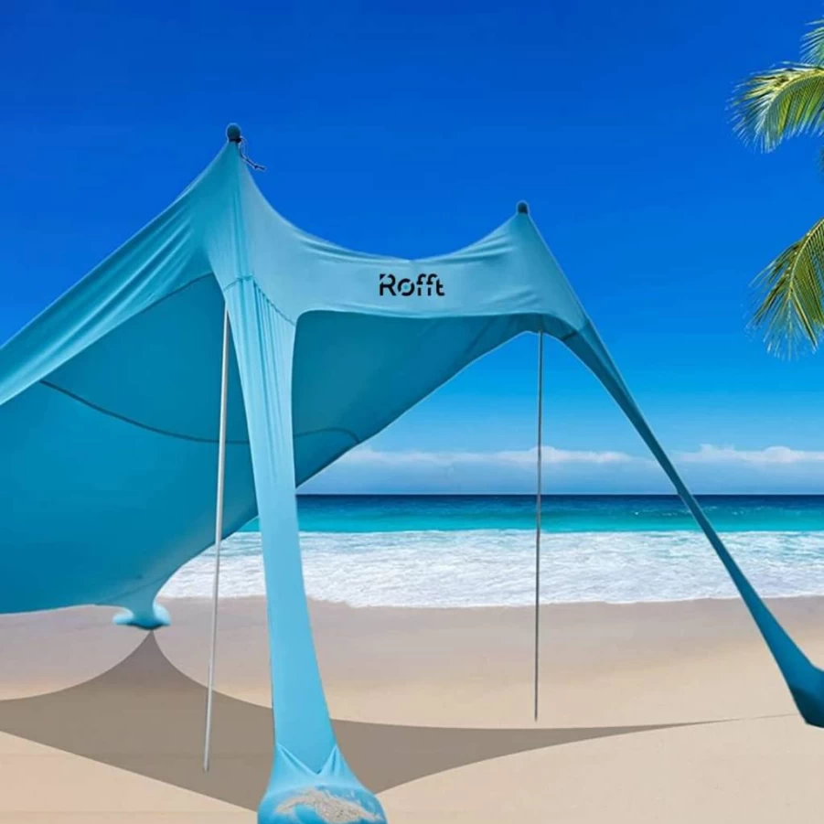 ROFFT Pop Up Beach Tent Sun Shelter with UPF 50+ Protection, Sand Shovel, Ground Pegs & 4 Aluminum Poles for Portable Beach Shade