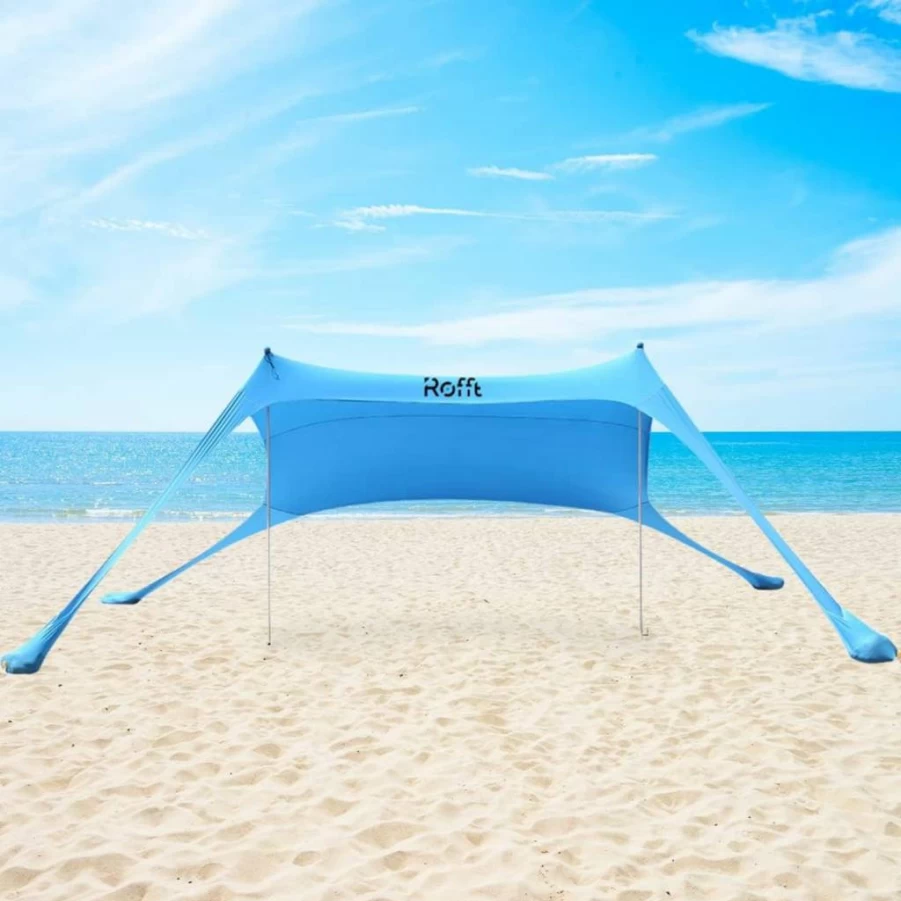 ROFFT Pop Up Beach Tent Sun Shelter with UPF 50+ Protection, Sand Shovel, Ground Pegs & 4 Aluminum Poles for Portable Beach Shade