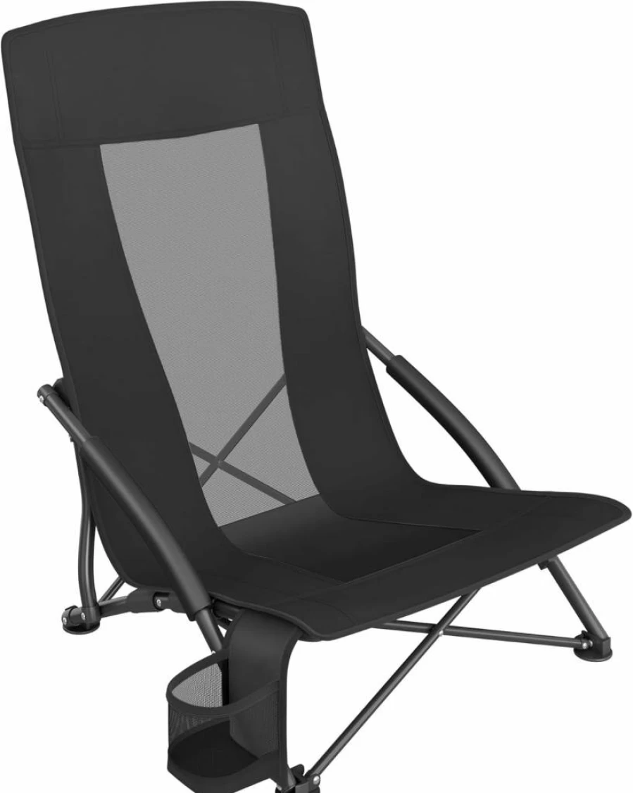 SONGMICS Folding Camping Chair with Cup Holder, Heavy Duty Portable Outdoor Beach Chair for Adults, Lightweight High Back Lawn Chair Supports 330 lbs, Compact Travel Design, Black UGCB61BK