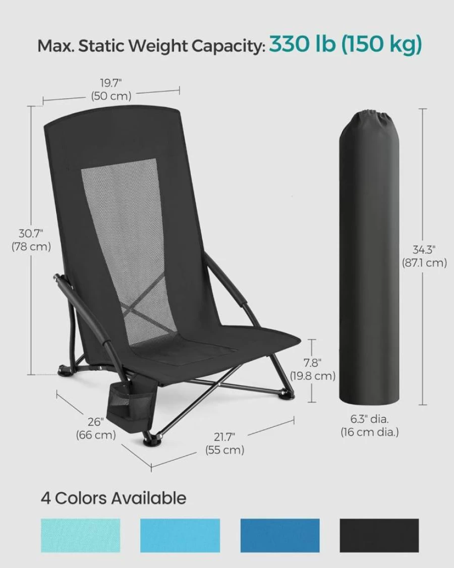 SONGMICS Folding Camping Chair with Cup Holder, Heavy Duty Portable Outdoor Beach Chair for Adults, Lightweight High Back Lawn Chair Supports 330 lbs, Compact Travel Design, Black UGCB61BK