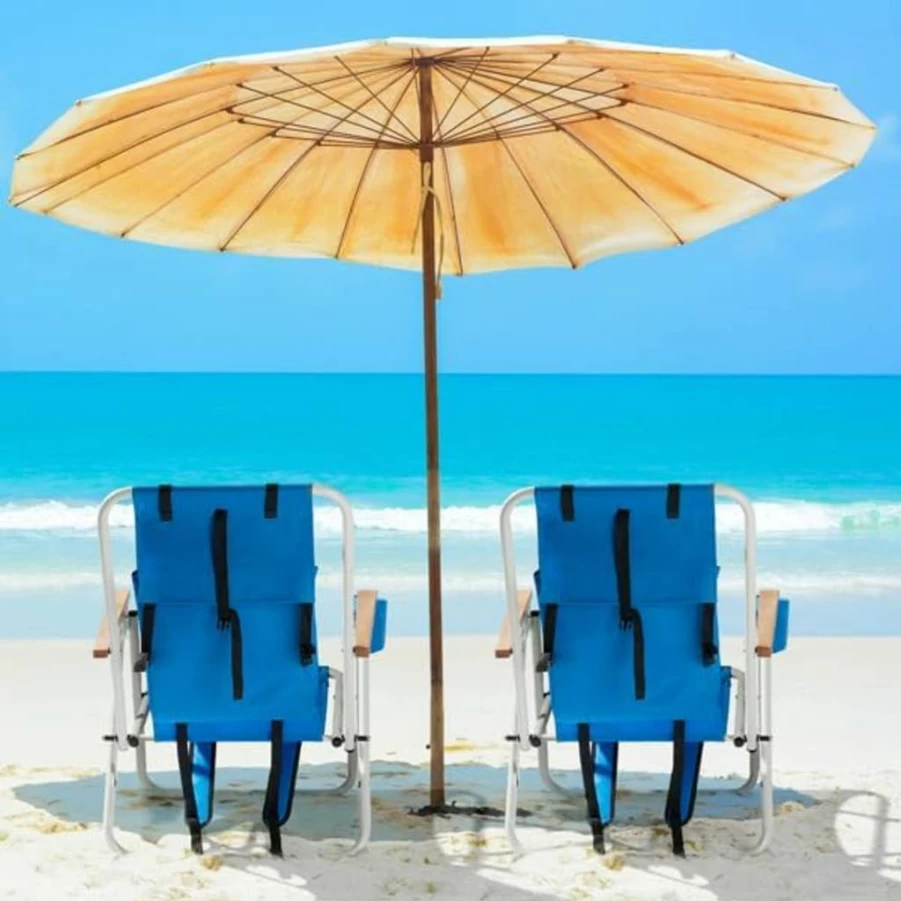 2 Pcs WVR Low Beach Chairs for Adults, Portable Lightweight Folding Lounge Chair with Headrest, Cup Holder & Carry Bag, Ideal for Camping, Outdoor, Concert, Lawn, Festival