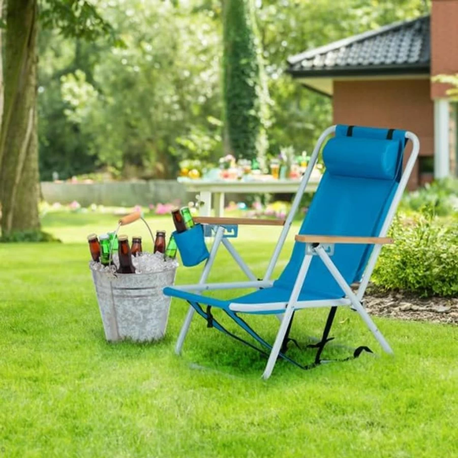 2 Pcs WVR Low Beach Chairs for Adults, Portable Lightweight Folding Lounge Chair with Headrest, Cup Holder & Carry Bag, Ideal for Camping, Outdoor, Concert, Lawn, Festival