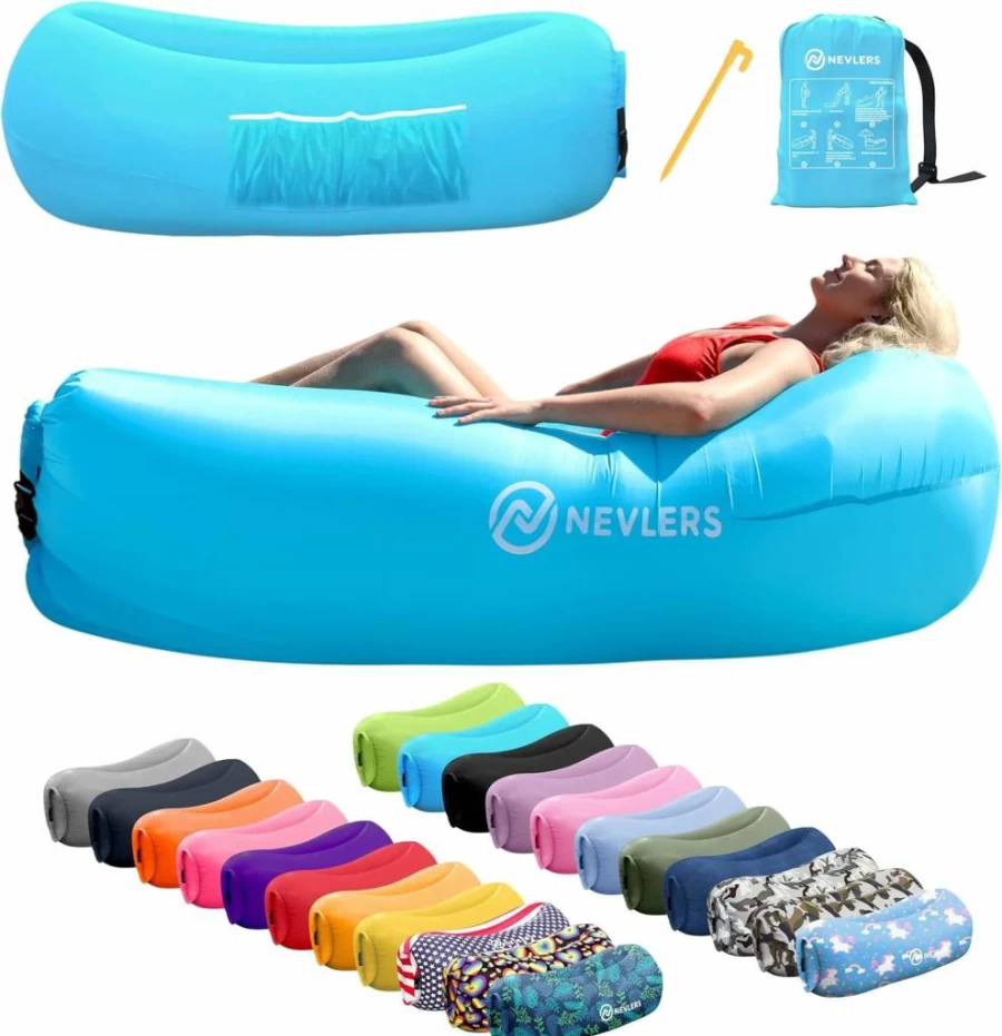 Nevlers Inflatable Lounger - Portable No-Pump Air Sofa Bed for Camping, Beach & Indoor Use, 450 lbs Capacity, Includes Storage Pockets & Carry Bag, Durable 210T Polyester for Adults & Kids
