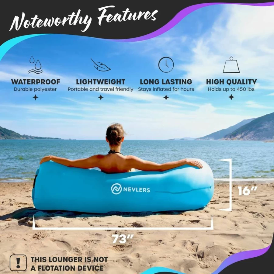 Nevlers Inflatable Lounger - Portable No-Pump Air Sofa Bed for Camping, Beach & Indoor Use, 450 lbs Capacity, Includes Storage Pockets & Carry Bag, Durable 210T Polyester for Adults & Kids