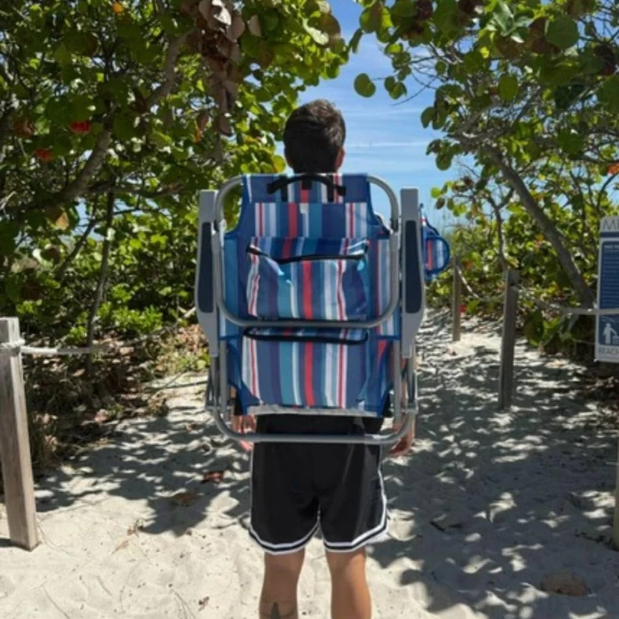 T CACHE Striped High Back Beach Chair Backpack with Pillow, Insulated Pocket & Comfortable Straps for Outdoor Relaxation