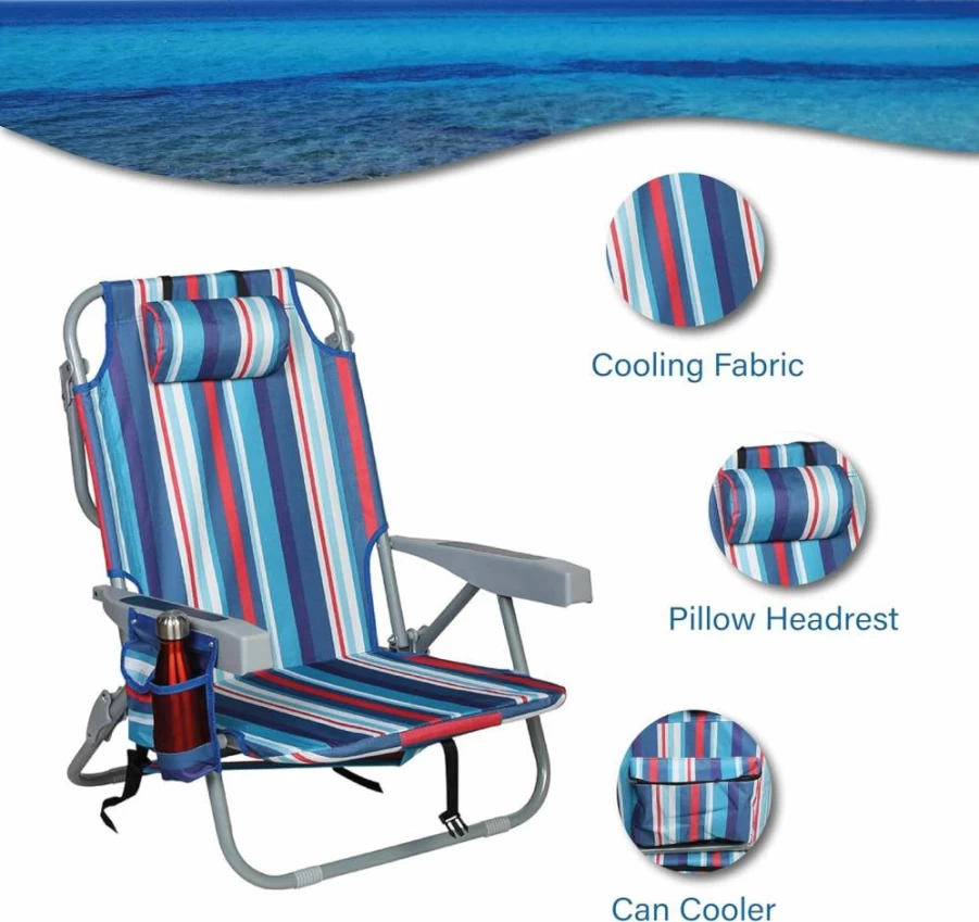 T CACHE Striped High Back Beach Chair Backpack with Pillow, Insulated Pocket & Comfortable Straps for Outdoor Relaxation