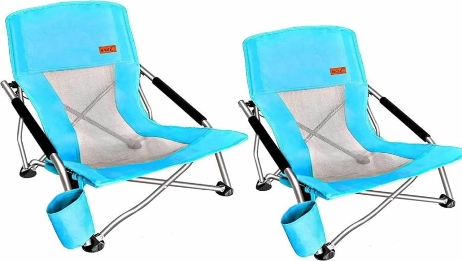 Nice C Low Sand Beach Chair with Built-in Cooler & Umbrella Holder - Portable Folding Lounge Chair for Outdoor Relaxation
