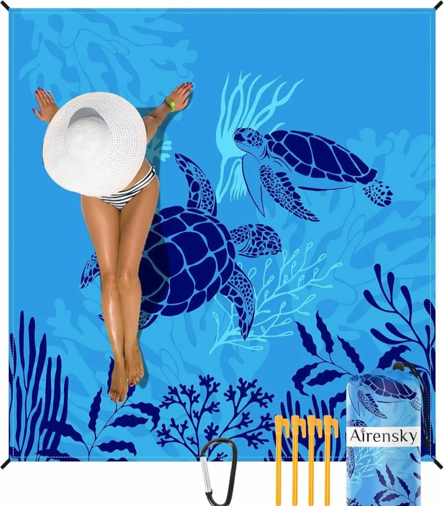 Airensky Large Waterproof Beach Blanket 79"x82" - Sandproof, Quick-Dry Outdoor Mat with Stakes for Camping, Travel & Hiking (Blue Sea World)