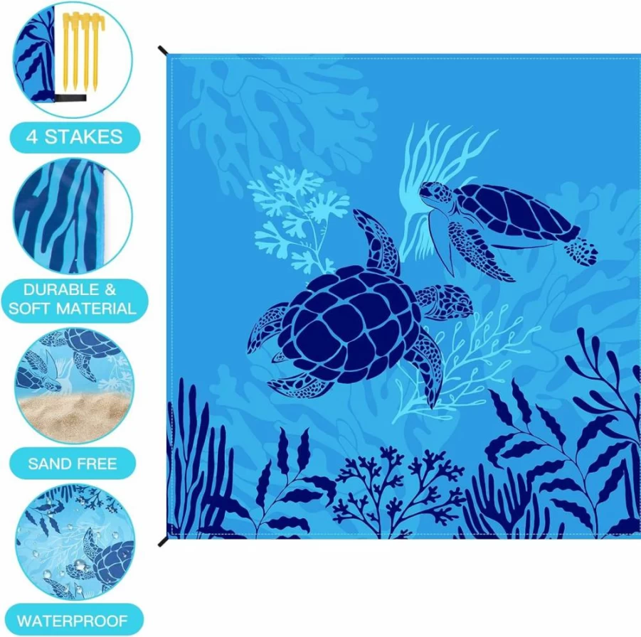 Airensky Large Waterproof Beach Blanket 79"x82" - Sandproof, Quick-Dry Outdoor Mat with Stakes for Camping, Travel & Hiking (Blue Sea World)