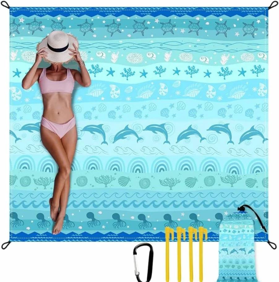 Vigesun Waterproof Sandproof Beach Blanket 8' x 7' Extra Large Portable Mat with Corner Pockets & Stakes for Outdoor Camping Picnic Travel