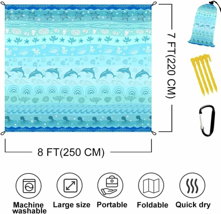 Vigesun Waterproof Sandproof Beach Blanket 8' x 7' Extra Large Portable Mat with Corner Pockets & Stakes for Outdoor Camping Picnic Travel