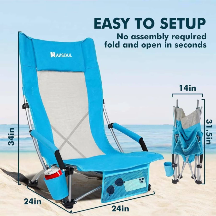AKSOUL Portable Folding Beach Chair - Lightweight Camping Chair for Adults with Carry Bag, Wide Seat for Outdoor, Travel, Lawn, Concert, and Beach