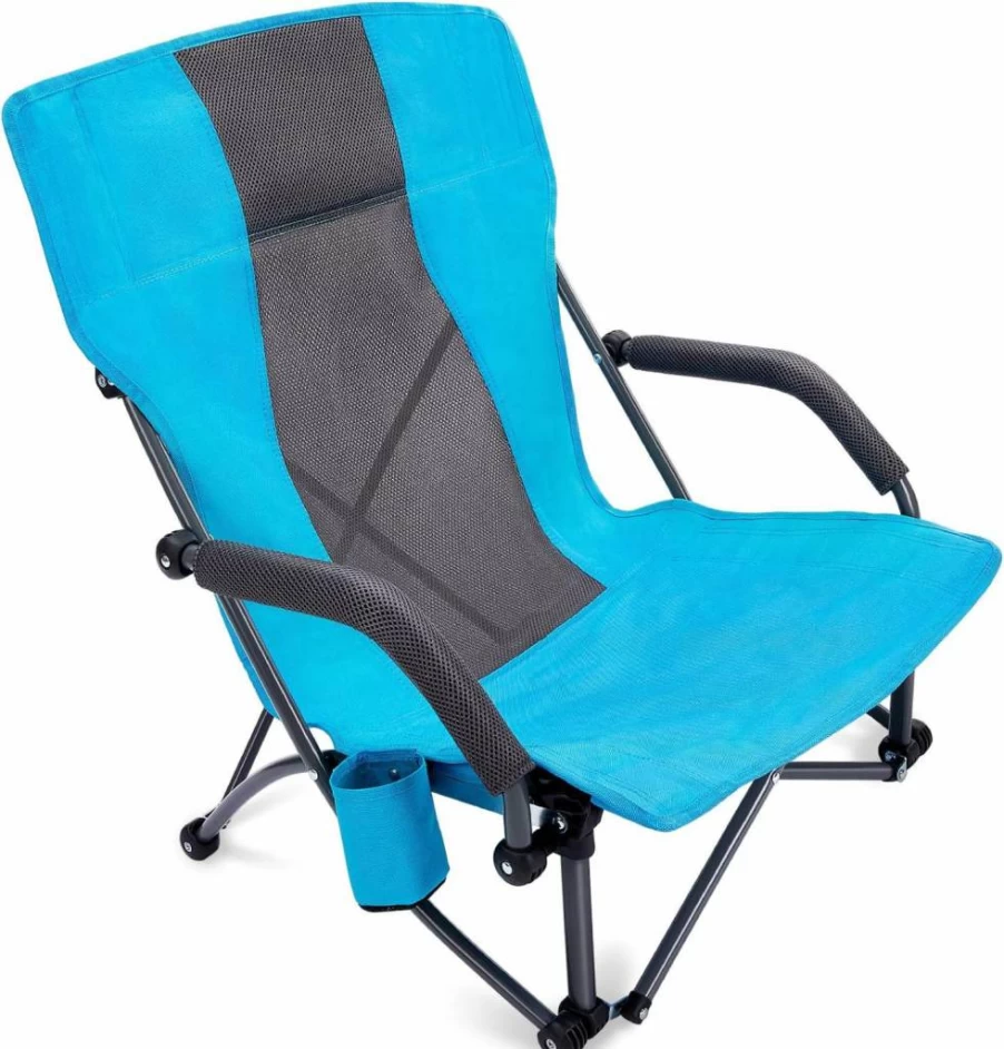 G4Free Compact Folding Camping Chair with Lumbar Support - Portable Low Sling Beach Chair for Outdoor Concerts, Includes Carry Bag, Blue