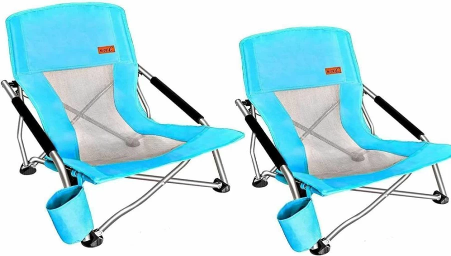 Nice C 2-Pack Kids & Toddler Beach Chairs with Cup Holder - Portable Folding Camping Chairs for Outdoor, Concert, Boat, Sand - Lightweight Sling Design (Blue)