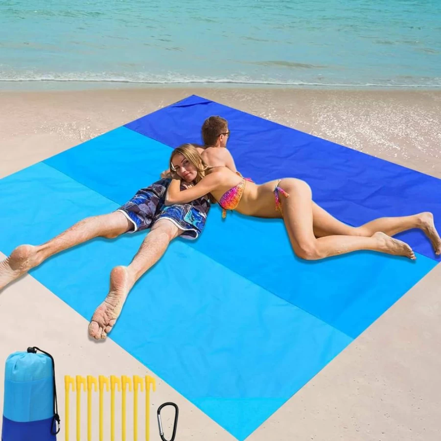 AEXHOT Waterproof Beach Blanket Sandproof - 79x83 Inch Lightweight Picnic Mat for Adults, Quick Drying Outdoor Travel Camping Hiking Accessories (Blue)