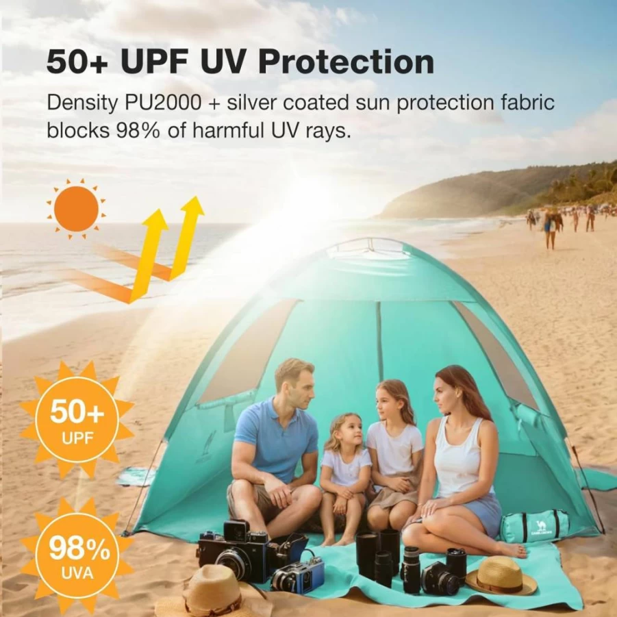 CAMEL CROWN Beach Tent Sun Shelter UPF 50+ for 2-6 People, Lightweight Portable Sun Shade with Sand Anchors for Family Beach Days & Outdoor Activities