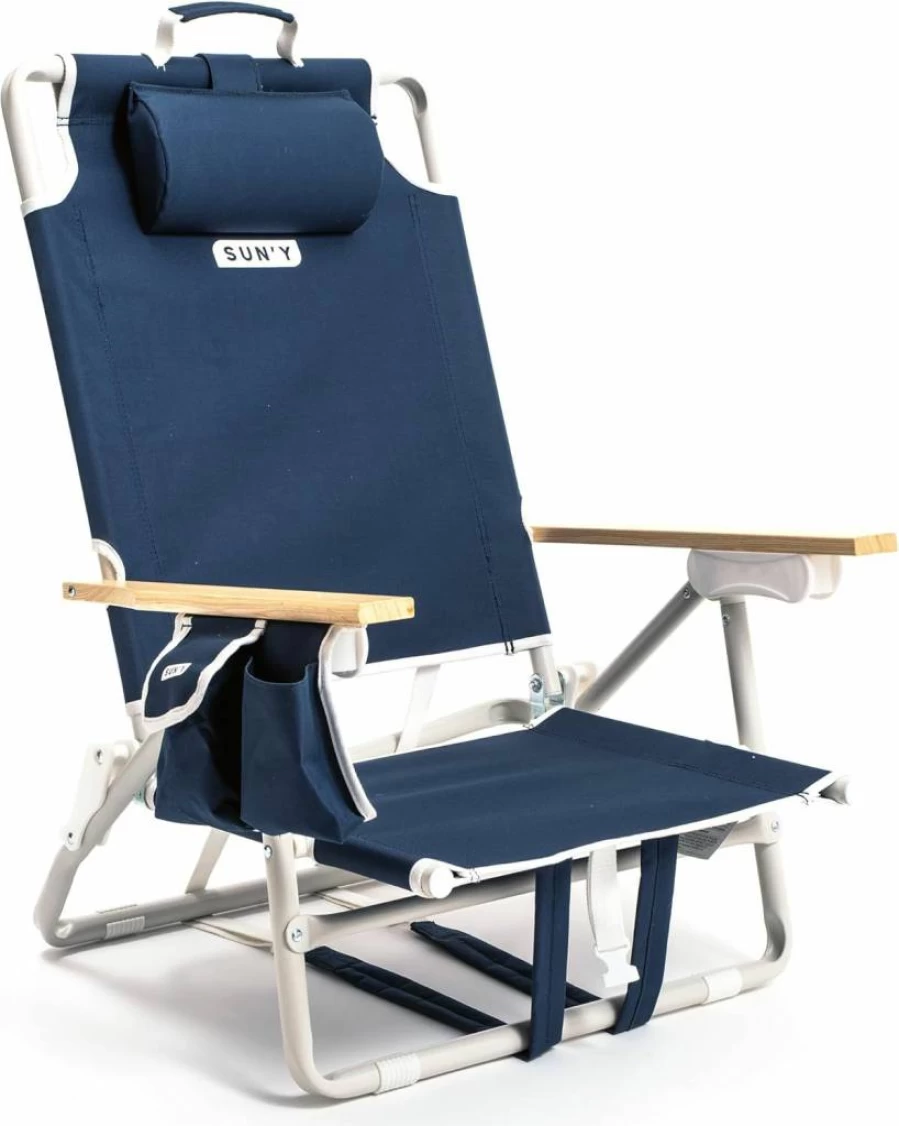 SUN'Y Escapes Ultra Lightweight Beach Chair Backpack - Customizable Molle Accessories, Low-Seat Design, Durable & Waterproof - Nautical Navy