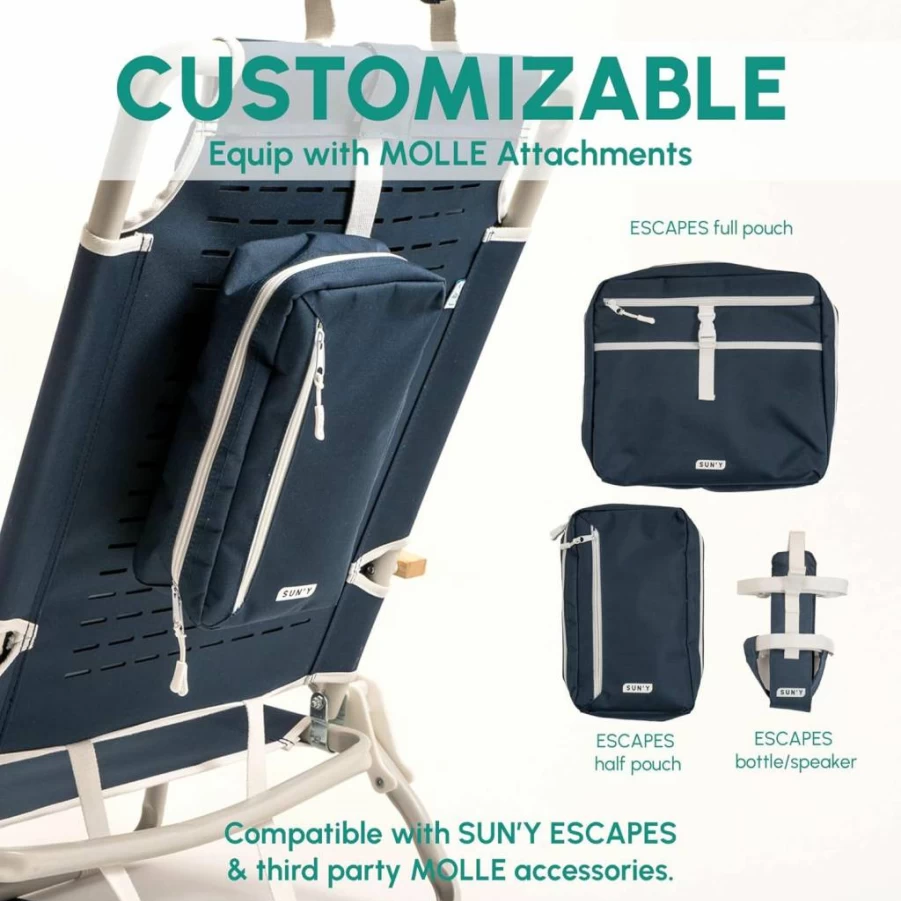SUN'Y Escapes Ultra Lightweight Beach Chair Backpack - Customizable Molle Accessories, Low-Seat Design, Durable & Waterproof - Nautical Navy