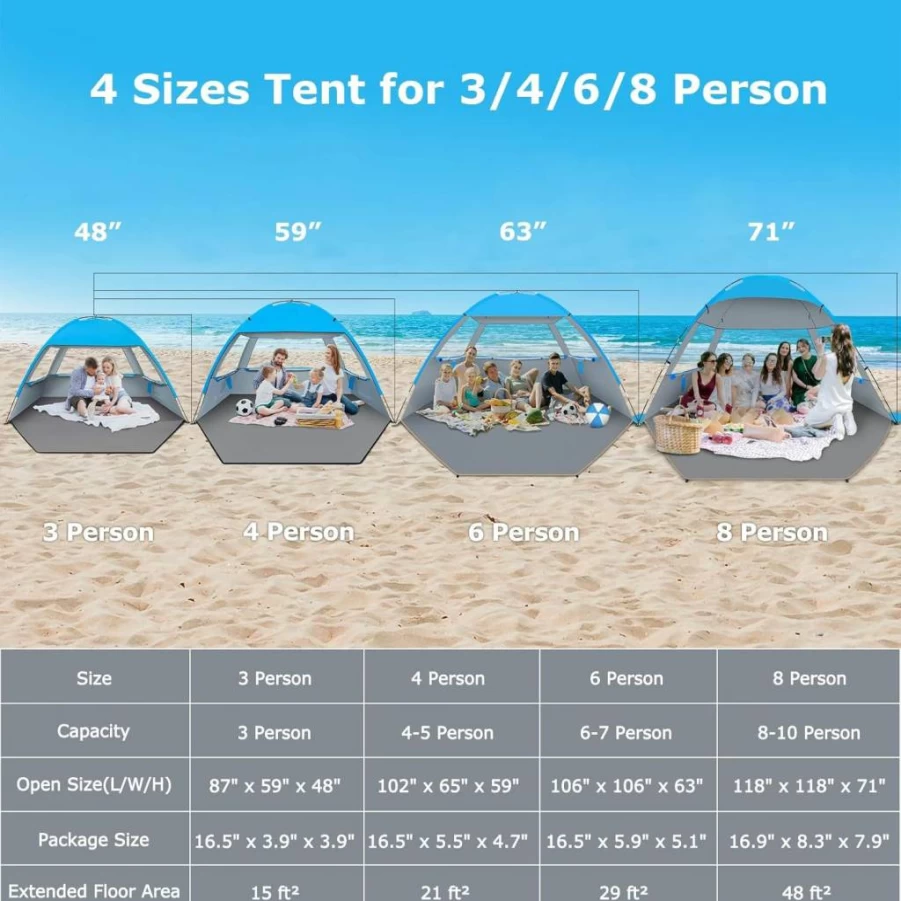 Venustas Large Beach Tent Sun Shelter – UPF 50+ UV Protection, Lightweight Portable Cabana for 3-10 People, Easy Setup Sun Shade for Outdoor & Family Beach Trips