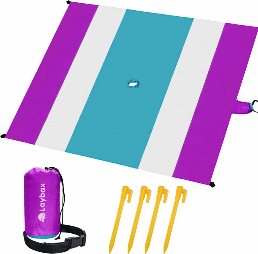 Laybax 10x9ft Sandproof Beach Blanket with Umbrella Hole, Water-Resistant, Lightweight, Portable - Includes 4 Stakes, Sand Pockets & Stuff Sack for Beach, Picnics, Camping