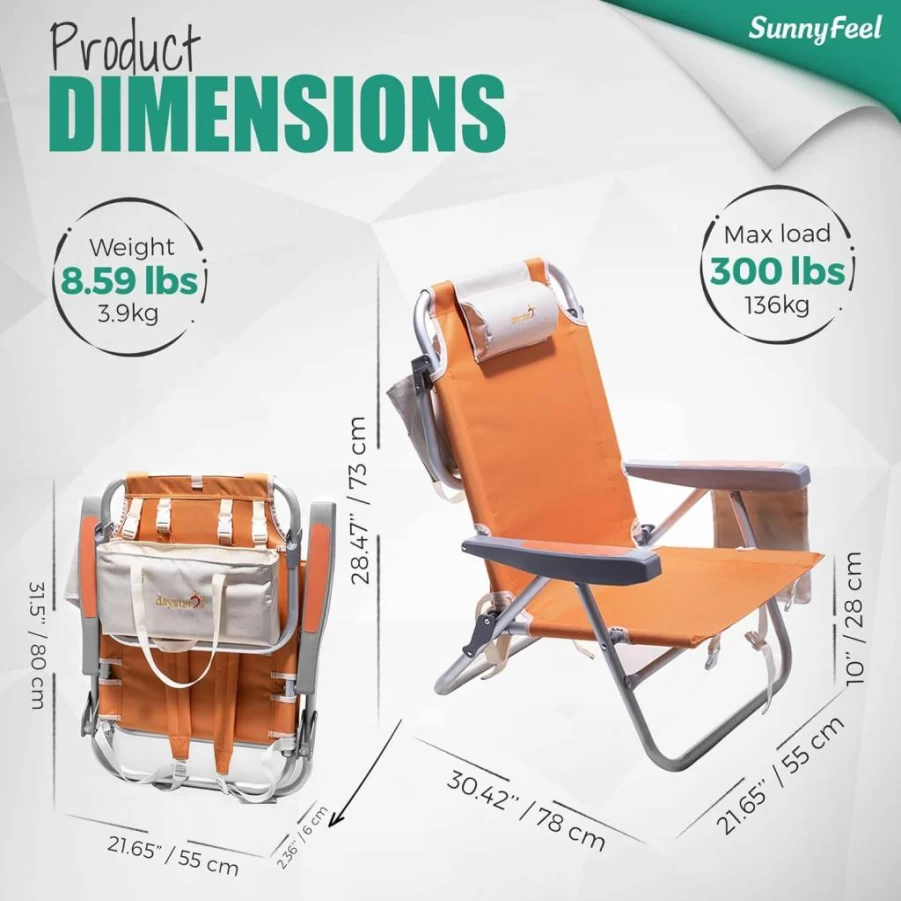 Daystar Heavy Duty Low Beach Chair - 5-Position Reclining Folding Chair with Cup Holder, Pillow & Cooler Bag for Outdoor, Camping, Lawn & Sand, Portable Lounge Chair for Adults