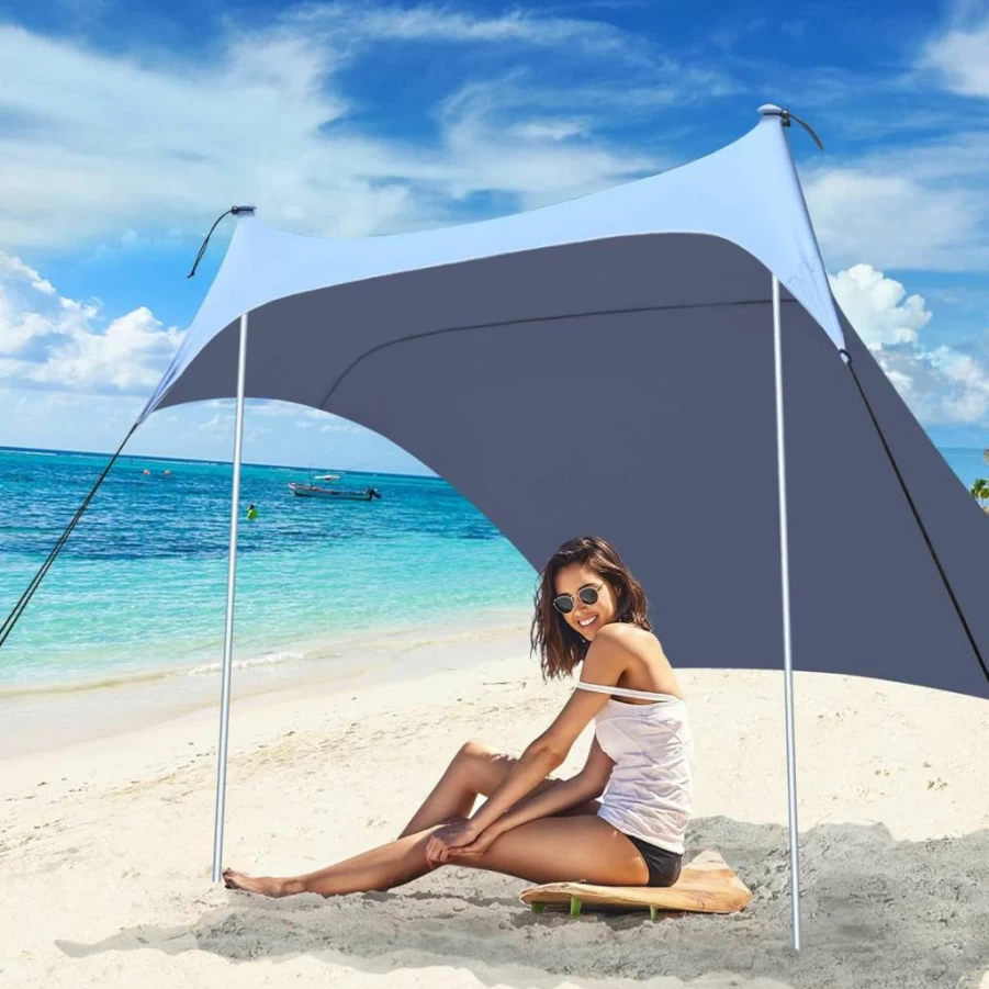 Outak 7x7 FT Pop Up Beach Tent for 4-5 Person, UPF 50+ Sun Shelter with Carrying Bag, Portable Canopy Shade for Camping, Fishing, Picnic, Outdoor Activities (Blue, 2 Pole)
