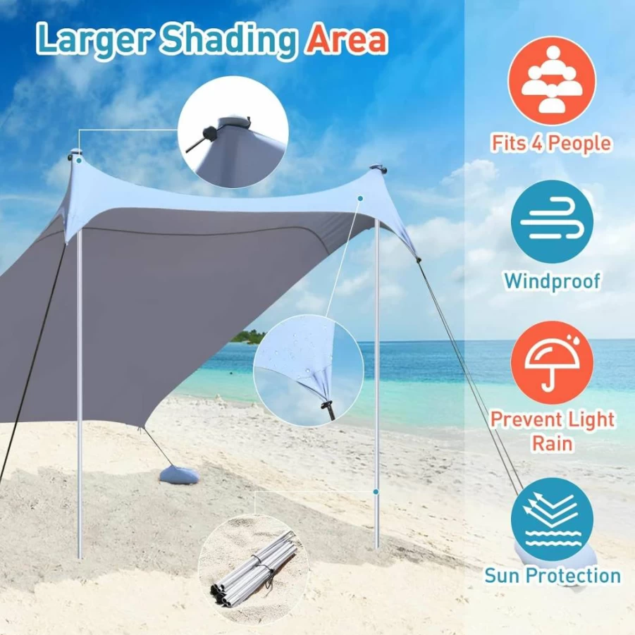 Outak 7x7 FT Pop Up Beach Tent for 4-5 Person, UPF 50+ Sun Shelter with Carrying Bag, Portable Canopy Shade for Camping, Fishing, Picnic, Outdoor Activities (Blue, 2 Pole)