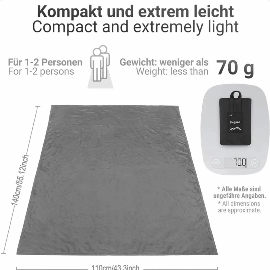 Siegvoll Compact Water-Repellent Picnic Blanket - Sand-Free Lightweight Beach Mat for 1-2 Persons, Outdoor Camping Hiking Travel (43.3"x55.12", Gray)