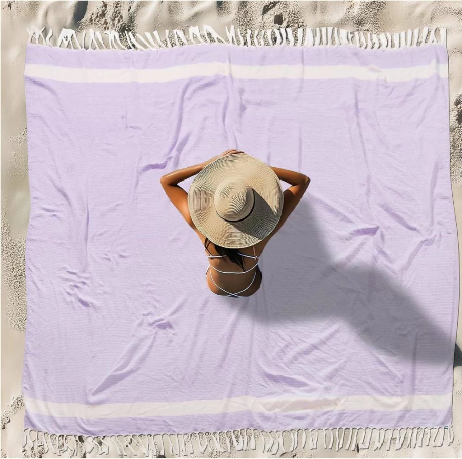 Vikumond Oversized Cotton Beach Towel - XXL Sandproof Boho Blanket for Adults, Extra Large Picnic Camping Throw, Soft Giant Woven Quilt, Beige Turkish Towel Gift