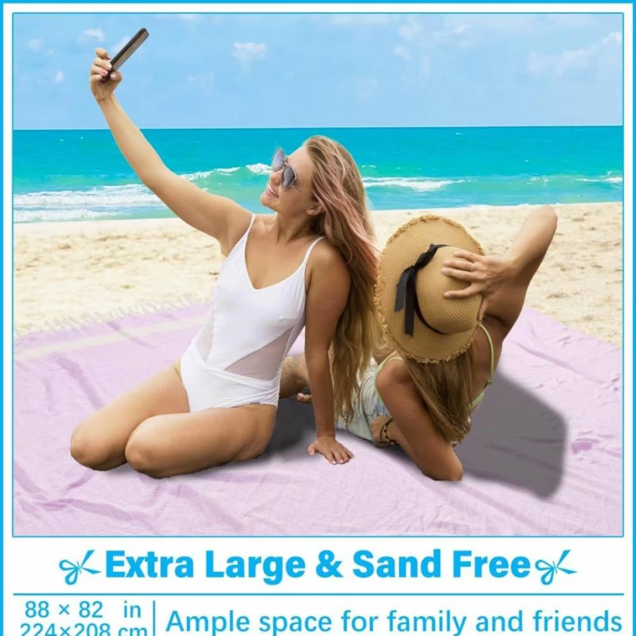 Vikumond Oversized Cotton Beach Towel - XXL Sandproof Boho Blanket for Adults, Extra Large Picnic Camping Throw, Soft Giant Woven Quilt, Beige Turkish Towel Gift