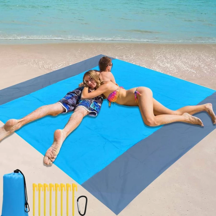 AEXHOT Waterproof Sandproof Beach Blanket 79x83 Inches - Lightweight Quick Dry Picnic Mat for Adults, Outdoor Travel, Camping & Hiking Accessories (Blue Grey)