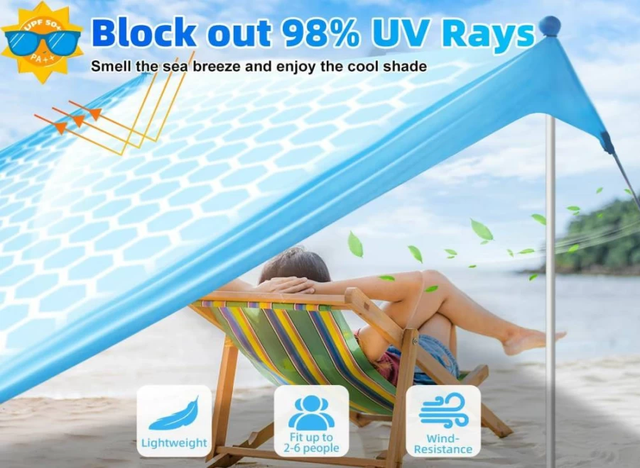 SUGORER 7x7FT Pop Up Beach Tent Sun Shelter with UPF 50+ Protection, 2 Lengthened Poles & Sandbags, Portable Sun Shade Canopy for Camping, Fishing, Picnics, Backyard, Fits 2-6 People