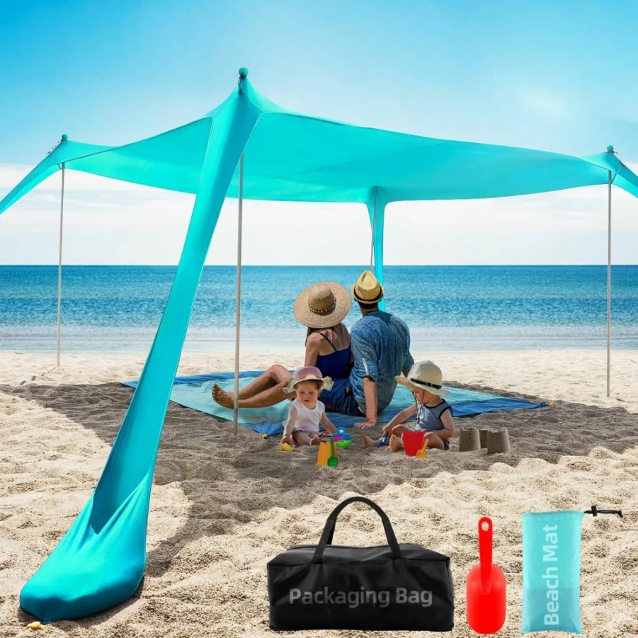 Aporio 10x10 FT UPF 50+ Beach Tent Sun Shelter with Aluminum Poles, Sand Anchor Kit & Carry Bag for Family Camping, Outdoor Canopy Shade