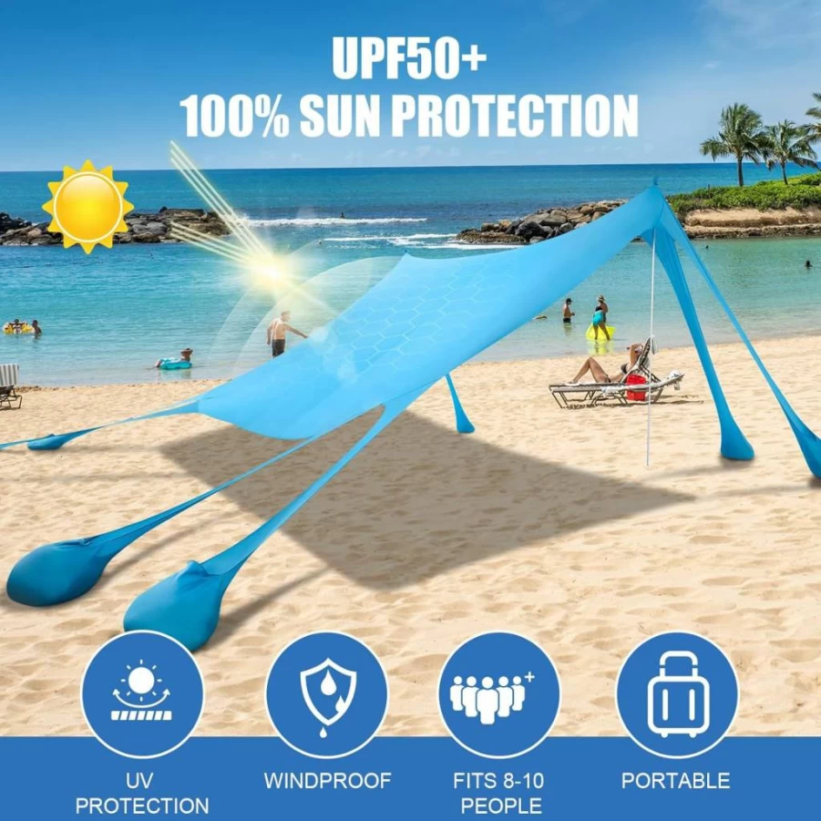 Clicliet UPF50+ Beach Tent Sun Shelter with Sandbags, Shovels & Stability Poles - Portable Camping Canopy for Outdoor, Fishing, and Beach Trips